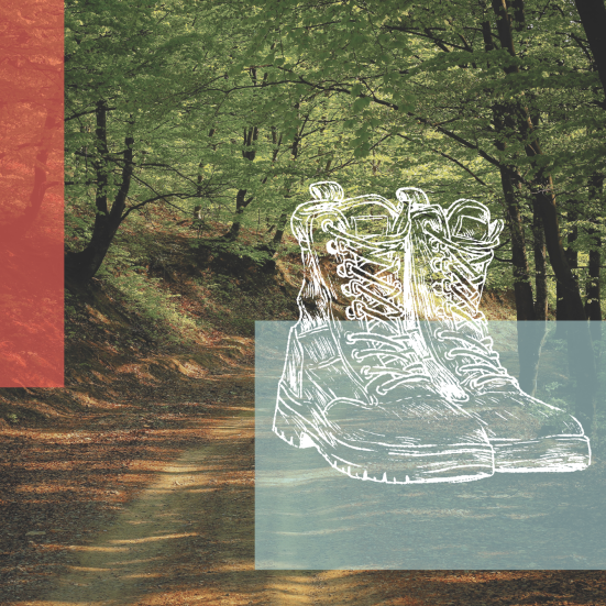 Foto af vej igennem skov + stregtegning af vandrestøvler